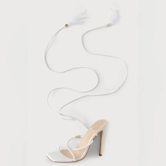 Lulus Majorine White Feather Lace-Up High Heel Sandals - Picture 2 of 9